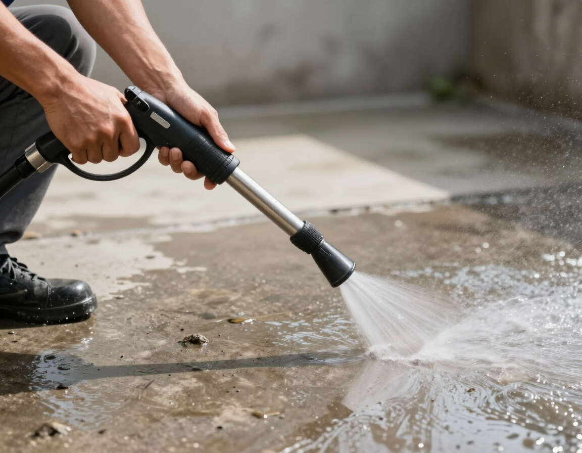 Degreasing treatment being applied to a stained commercial concrete floor