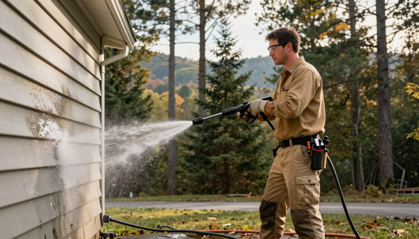 Pressure washing technician cleaning a home exterior in western North Carolina