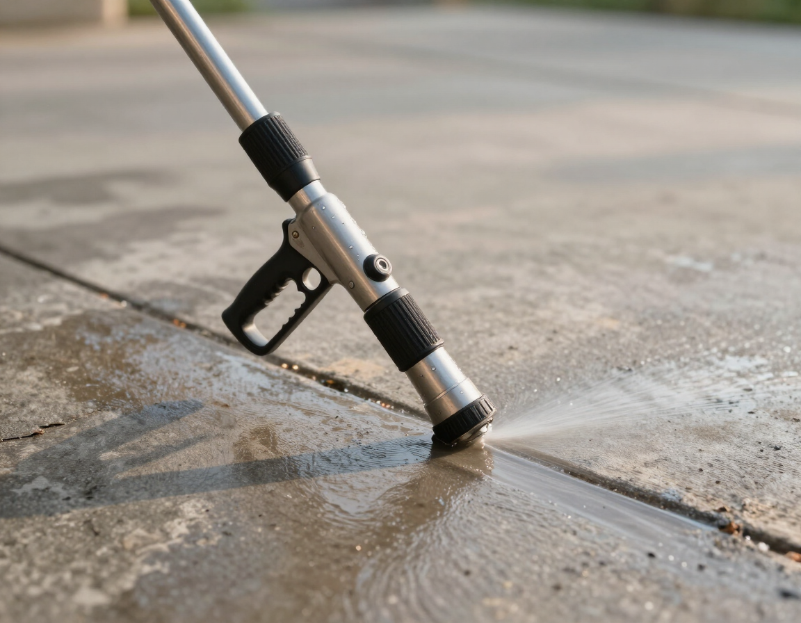 Pressure washer wand cleaning a stained concrete surface