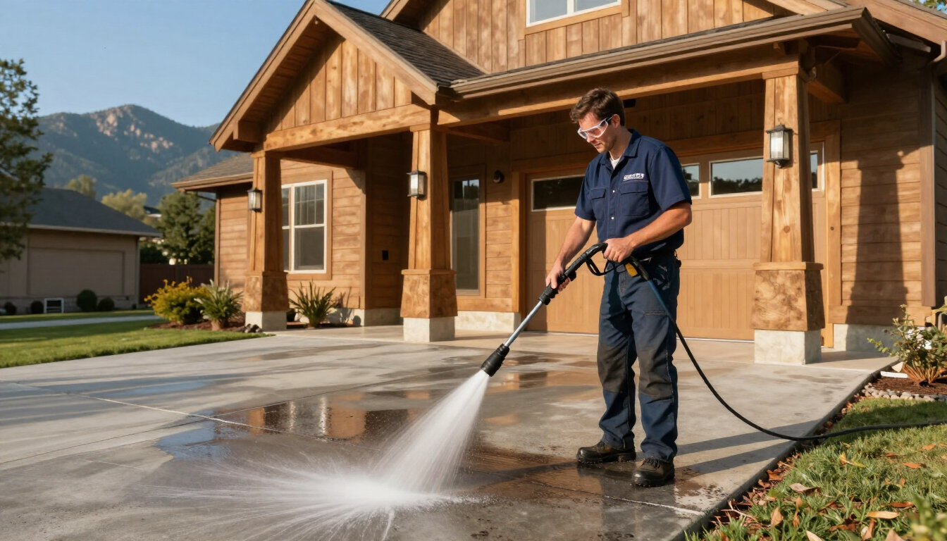 Technician pressure washing a driveway in Asheville, NC