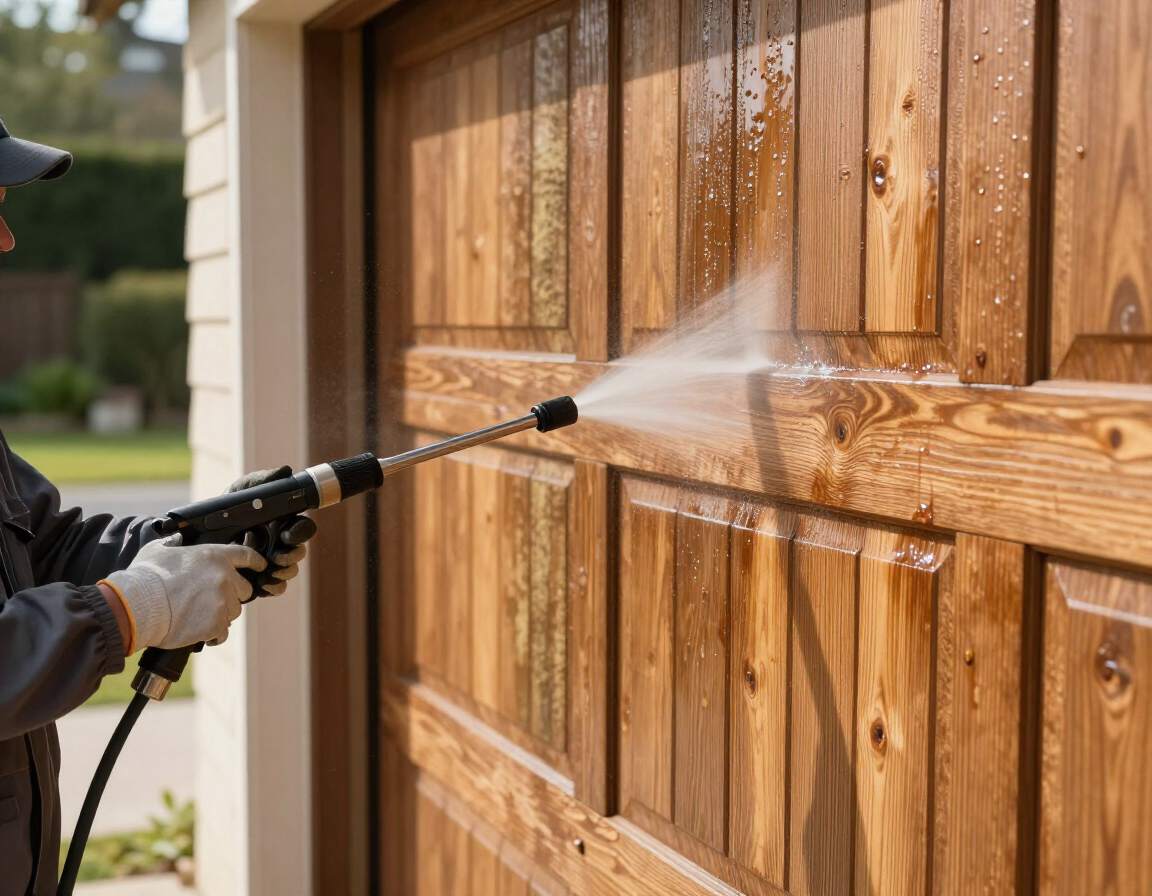 Soft washing a wood garage exterior near Candler, NC to remove mold.