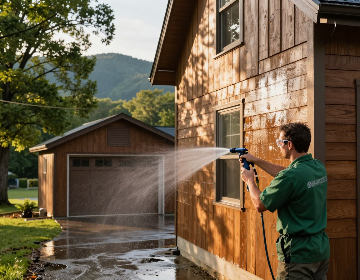 House and outbuilding washing on a home exterior near Asheville, NC.