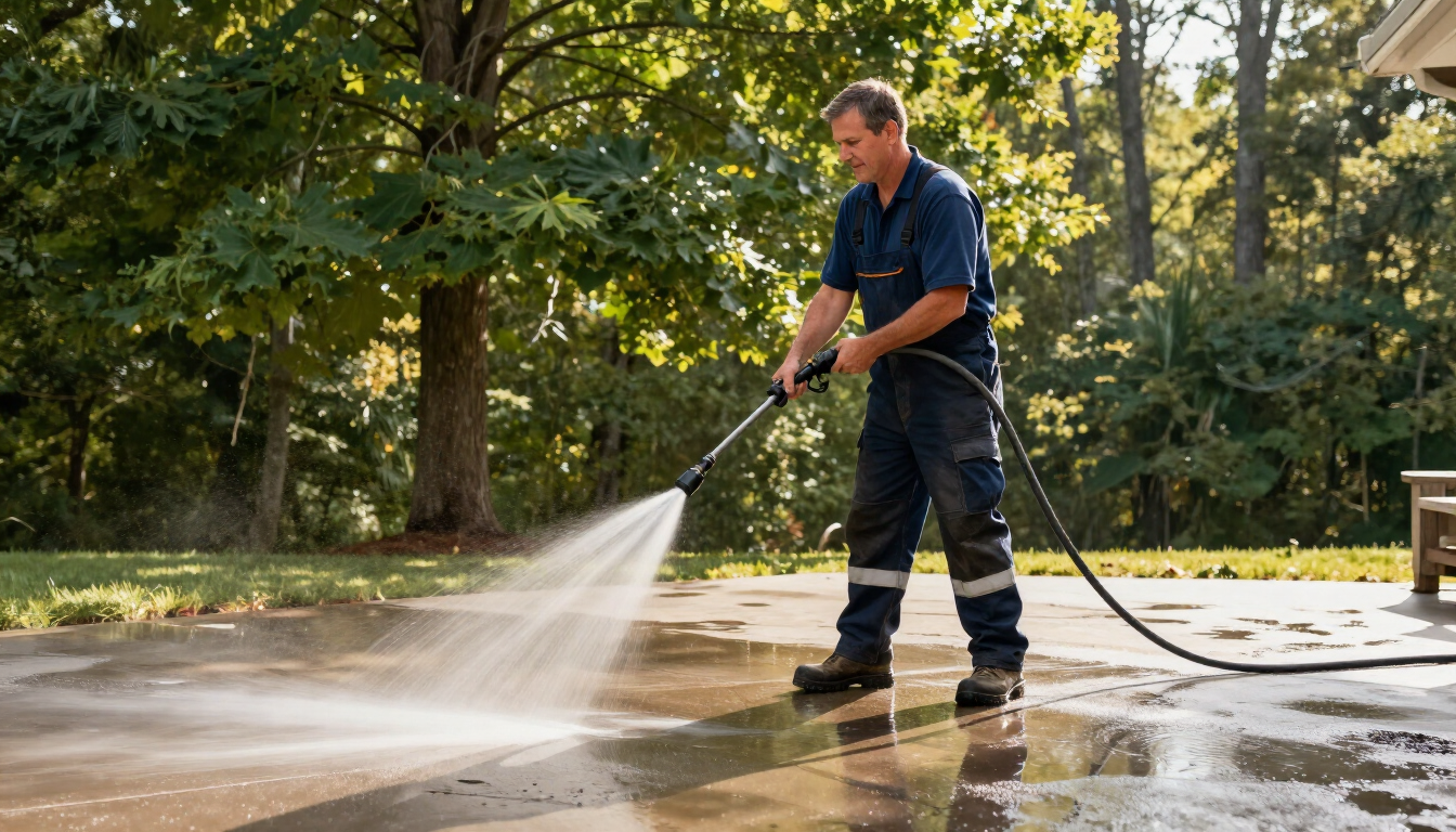 Technician pressure washing a concrete patio