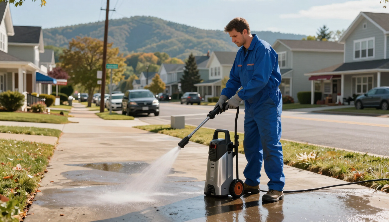 Pressure washing service on a residential driveway in Arden, NC.