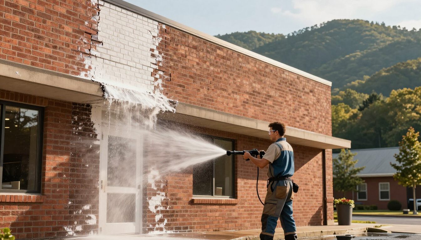 Commercial building exterior cleaning in progress on a retail storefront in Asheville, NC.