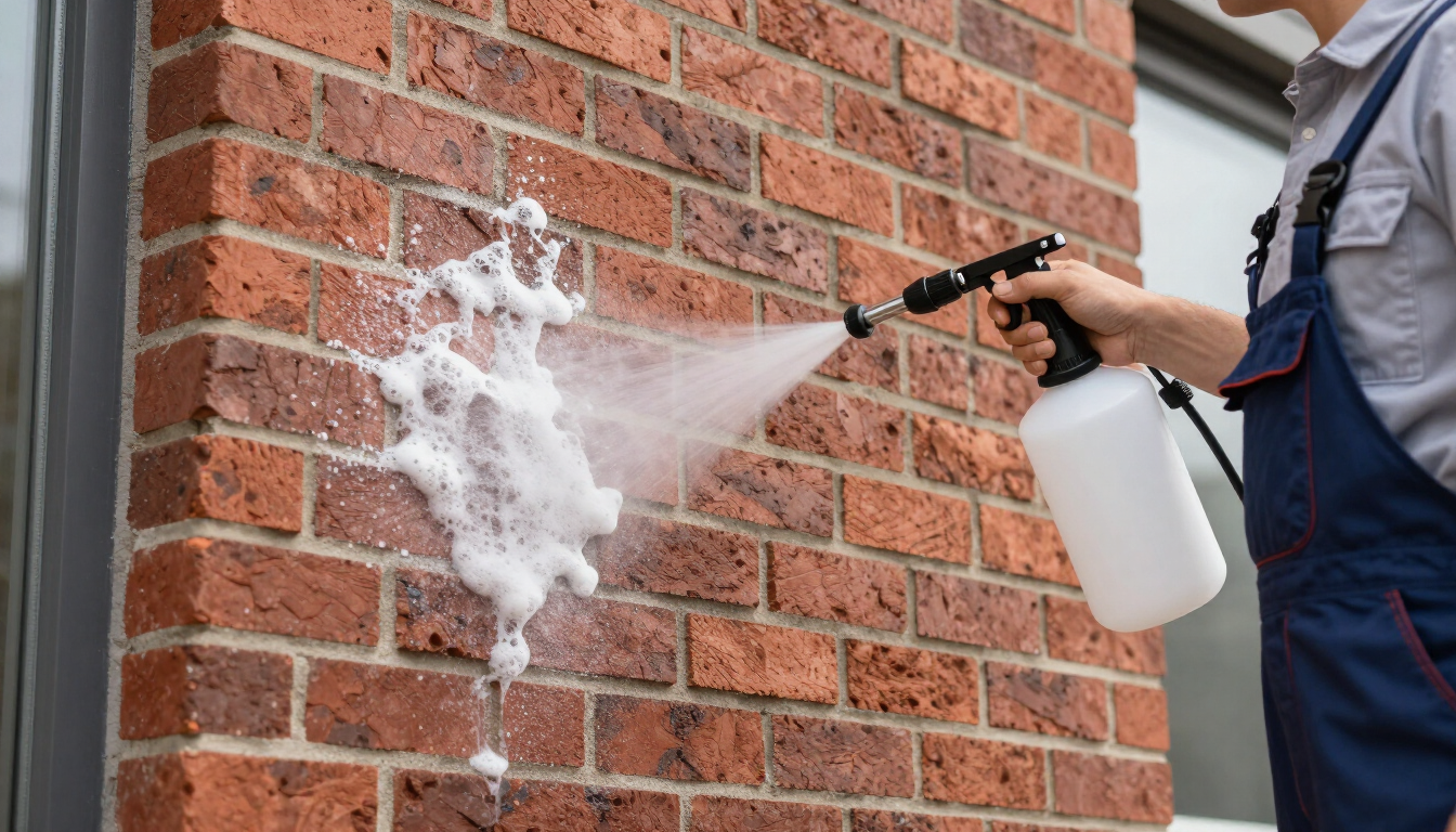 Pre-treatment application on a commercial brick facade before pressure washing in Asheville, NC.