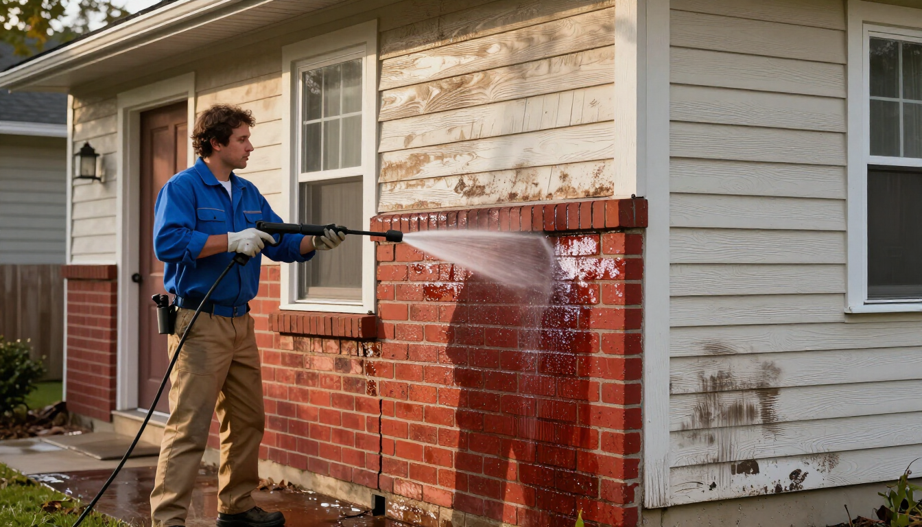 Technician pressure washing a craftsman bungalow exterior in West Asheville