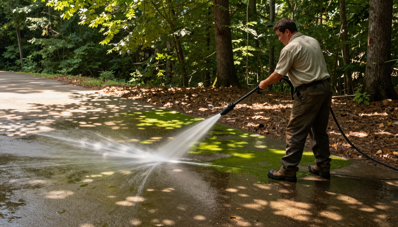 Pressure washing a shaded driveway under tree canopy in Skyland, NC