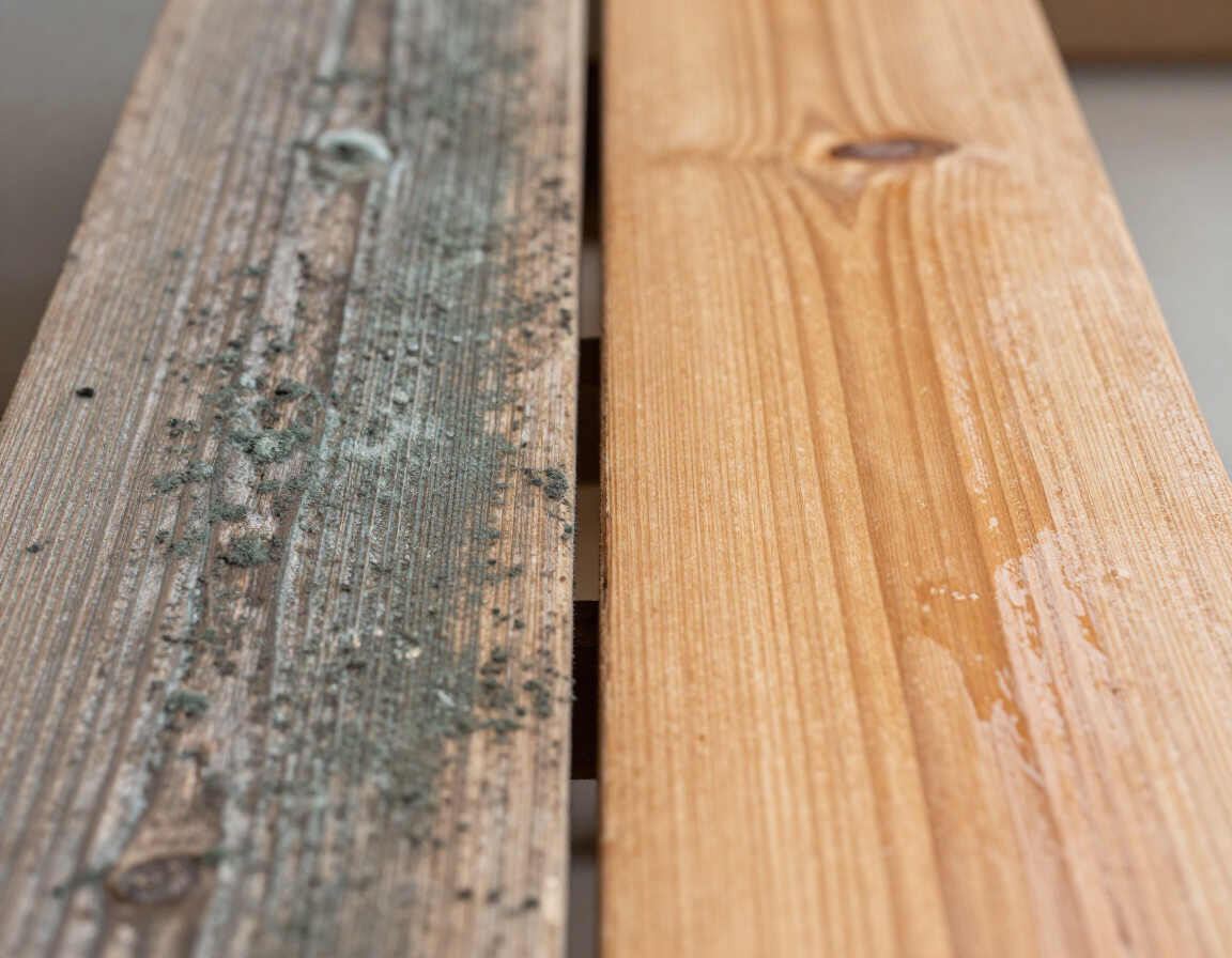 Before and after close-up of mold removal on a wood surface