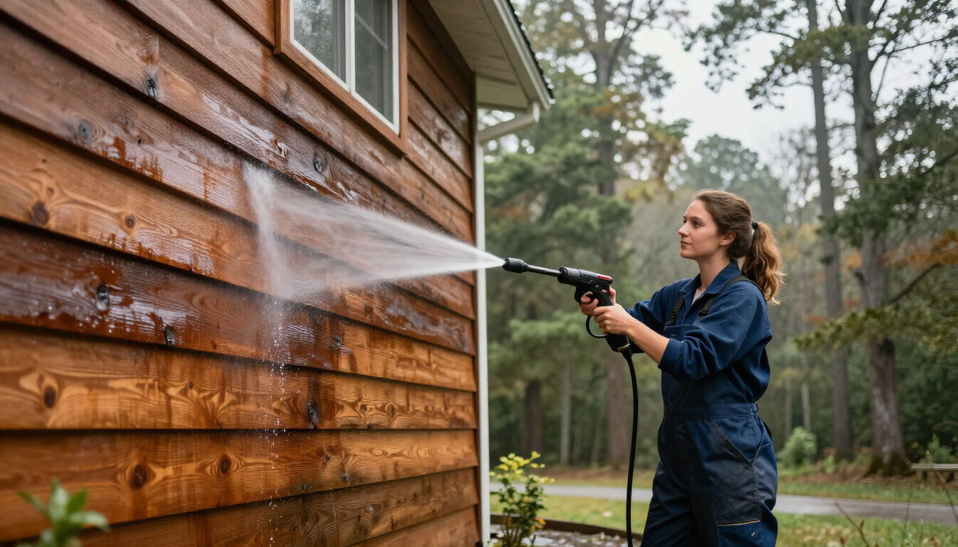 Technician pressure washing a craftsman bungalow exterior in West Asheville