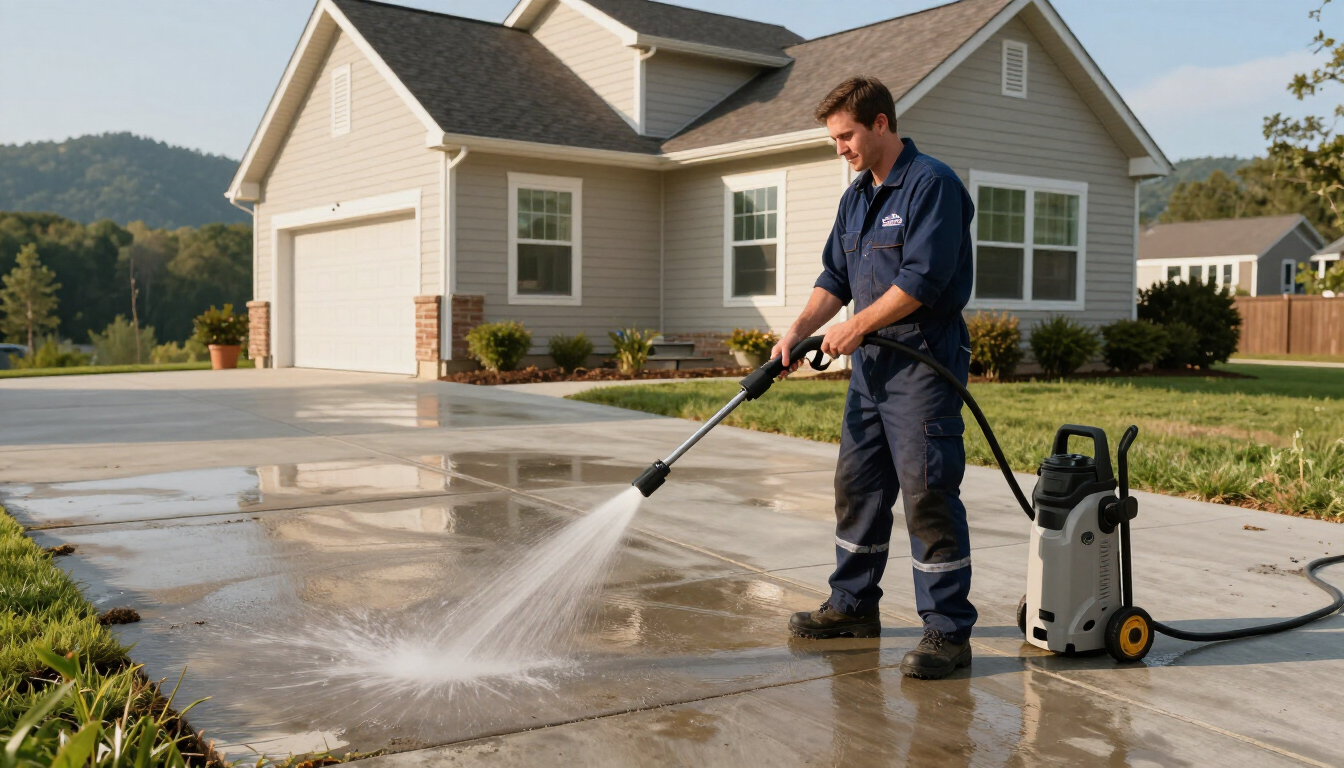 Technician pressure washing a driveway in a Weaverville area neighborhood