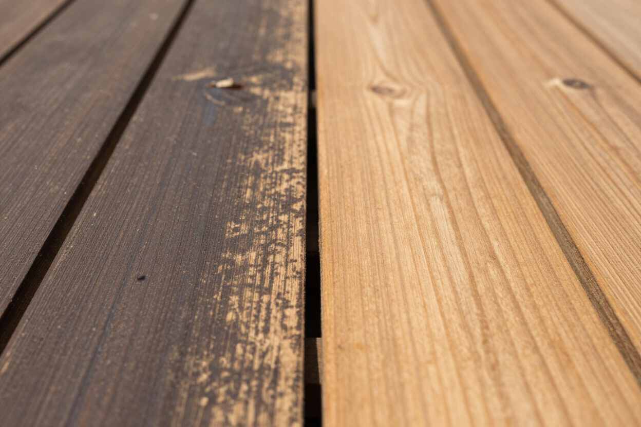 Close-up of a deck board showing the clean line between dirty and freshly cleaned wood