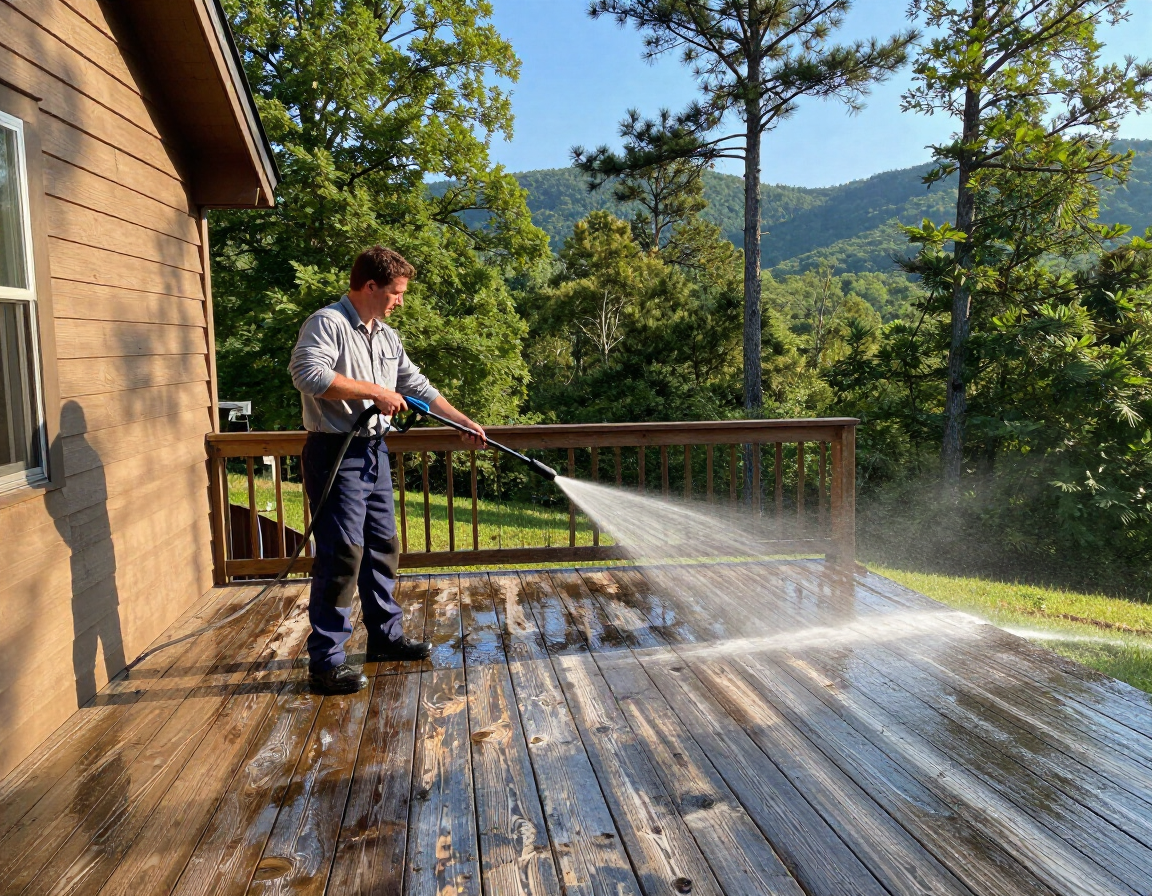 Technician pressure washing a weathered wood deck in Asheville
