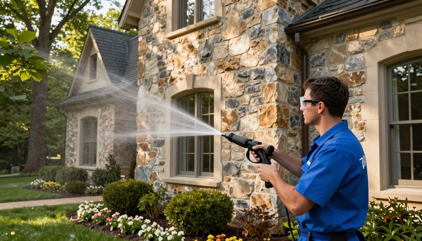 Technician soft-washing a stone facade on a Biltmore Forest home