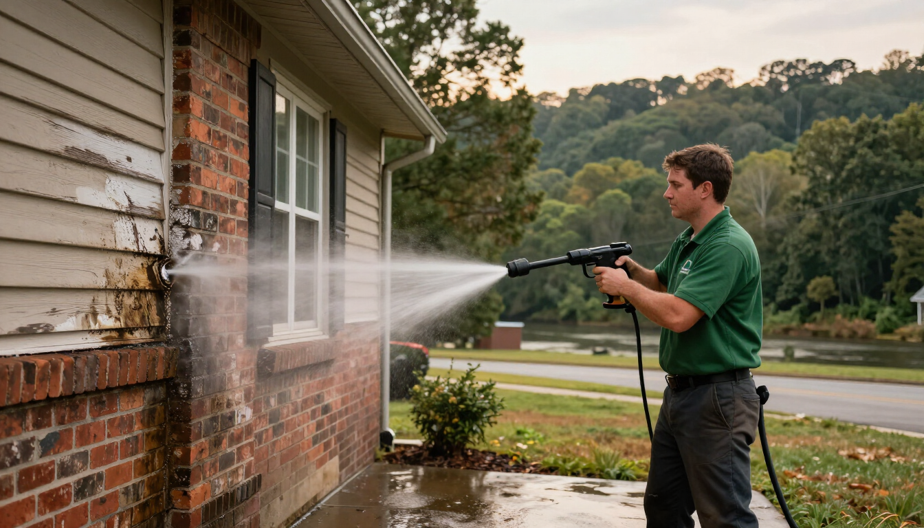 Technician pressure washing a home exterior in Canton, NC