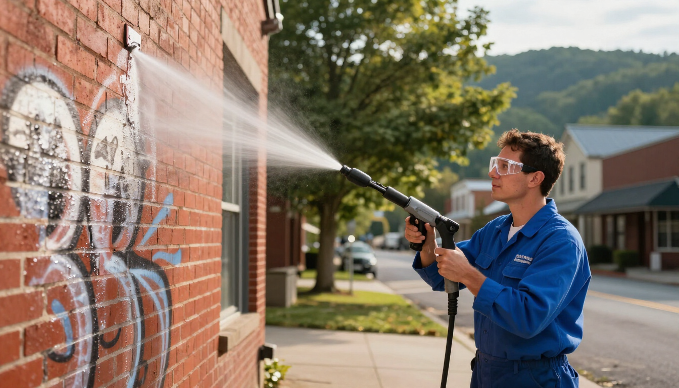 Technician pressure washing graffiti off a brick wall in Asheville