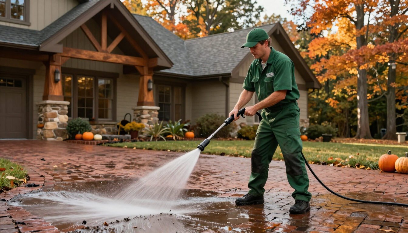 Technician pressure washing a brick driveway at an Asheville craftsman home