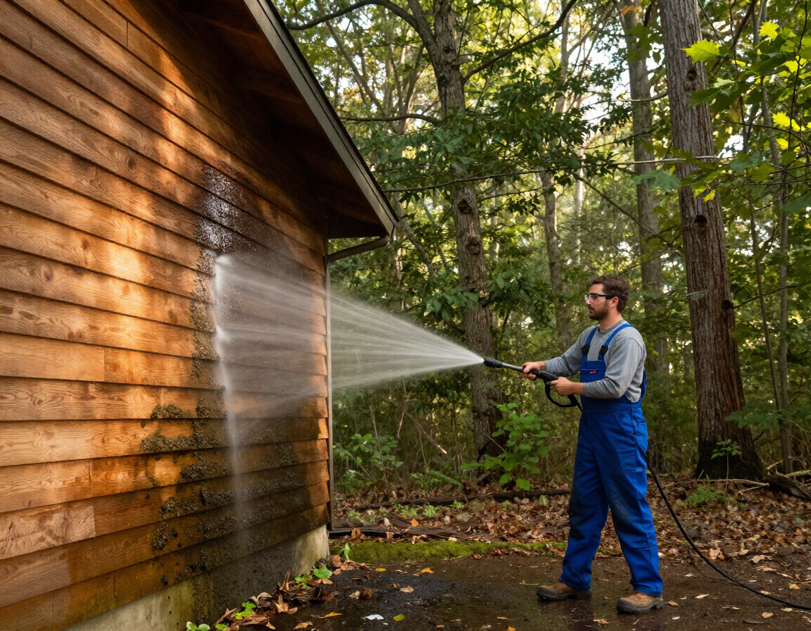 Pressure washing a wooded rural home exterior in Leicester, NC