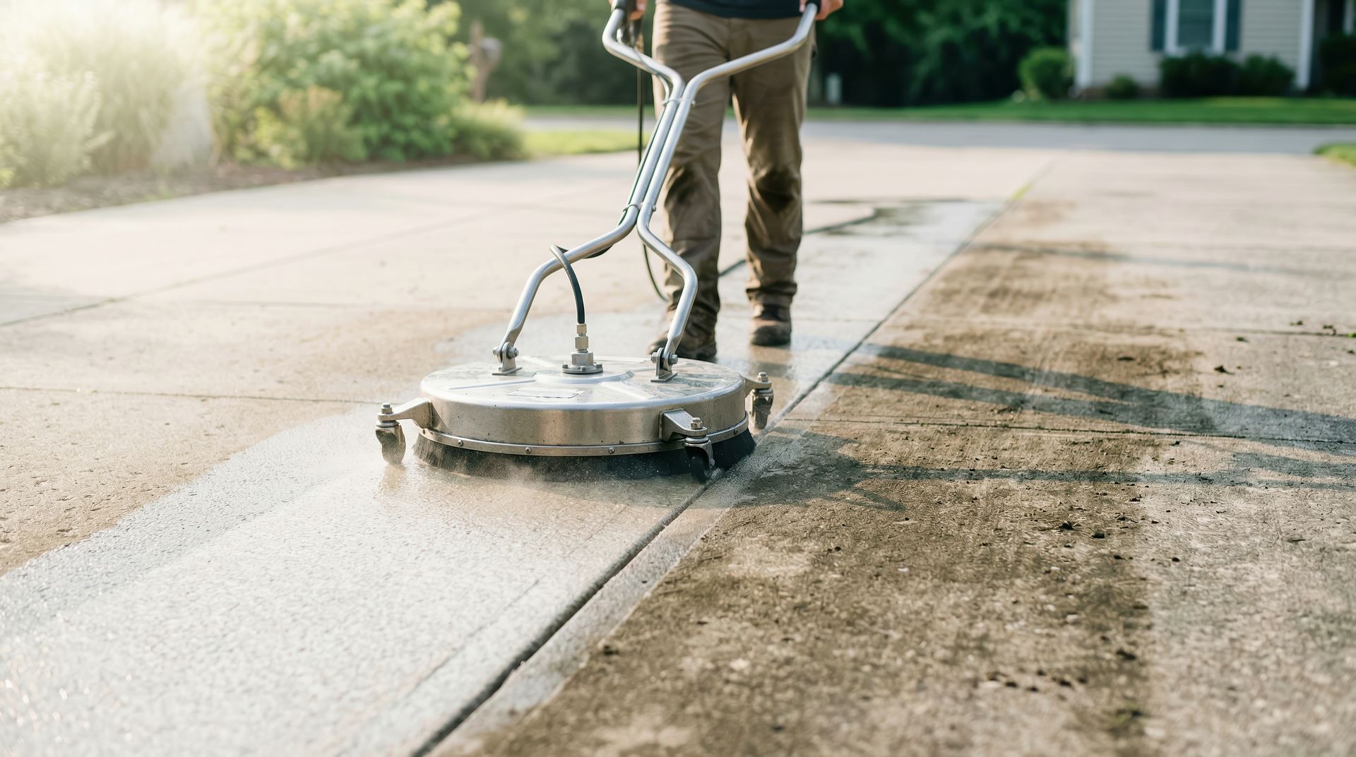 Person pressure-washing wet stone patio with blue boots and wand