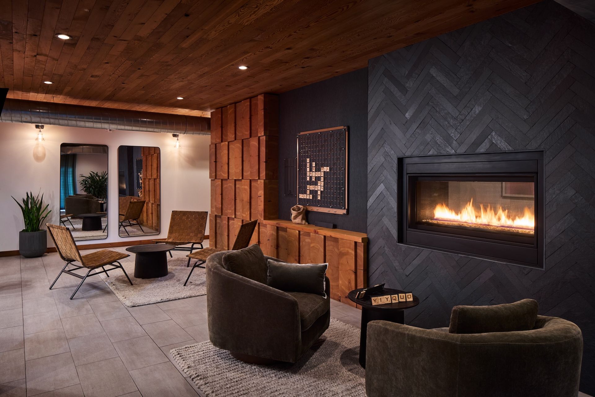 Seating area with fireplace.