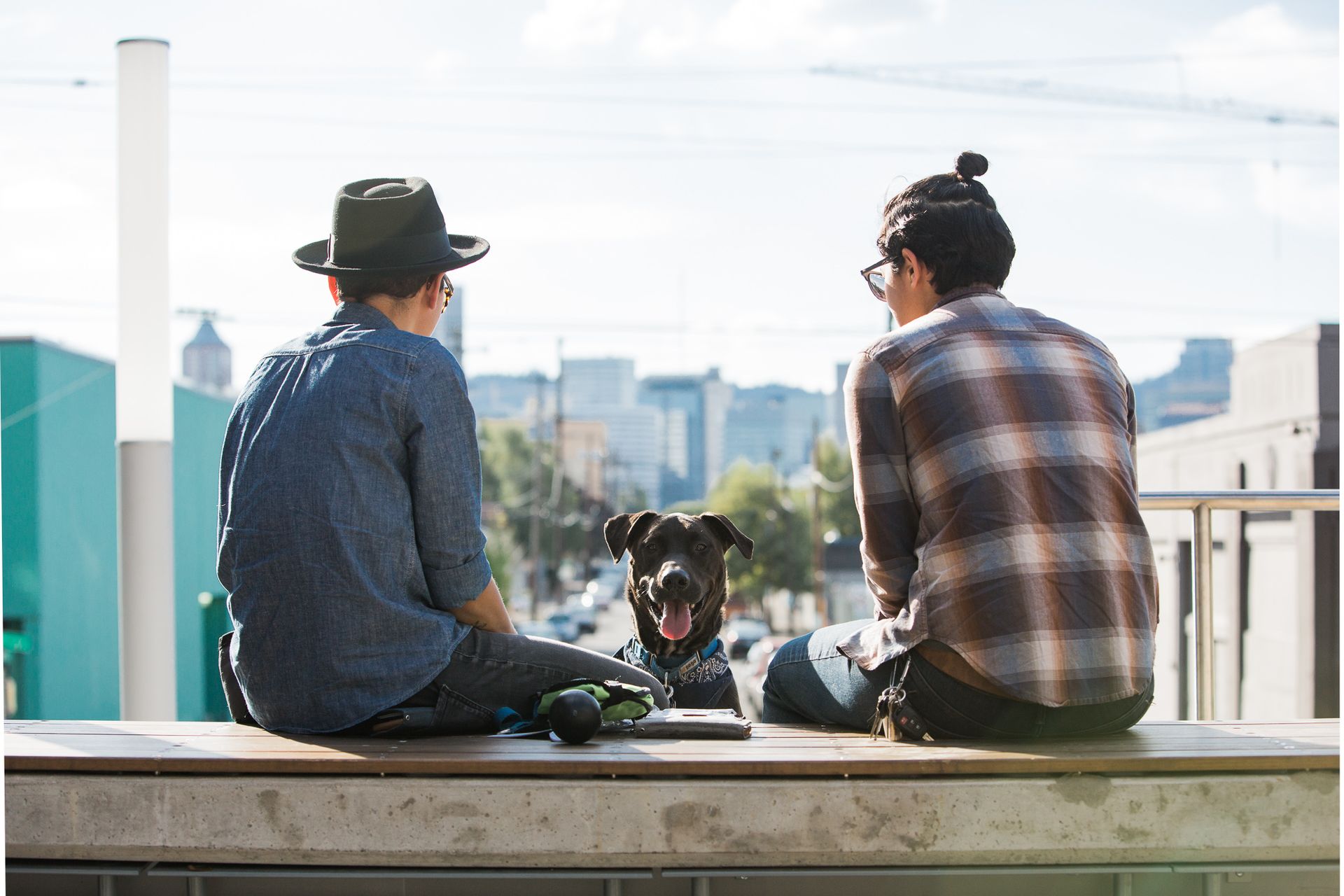 Two people sit on a ledge with a small dog, looking out over a city skyline.