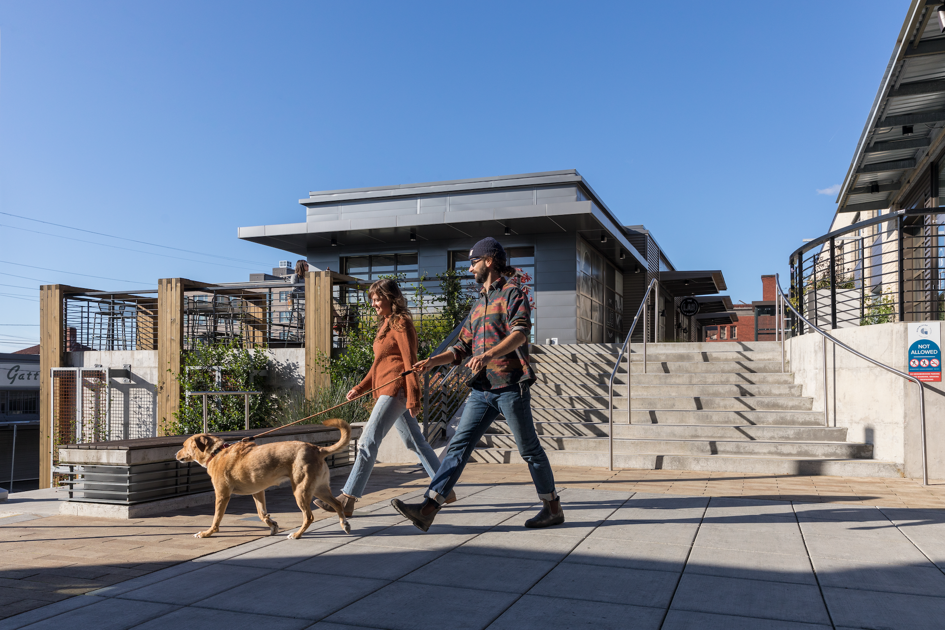 Two people walking a dog past modern buildings and steps in bright sunlight