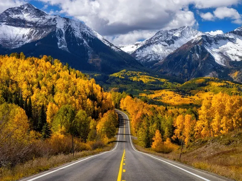 Road winding through fall foliage toward snow-capped mountains under a blue sky.