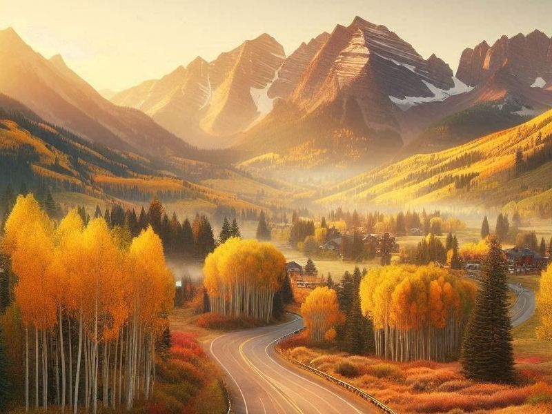 A snowy village with a mountain in the background that represents abstract images of Aspen