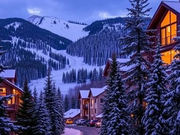 A living room in an Aspen timeshare with a fireplace and a view of mountains