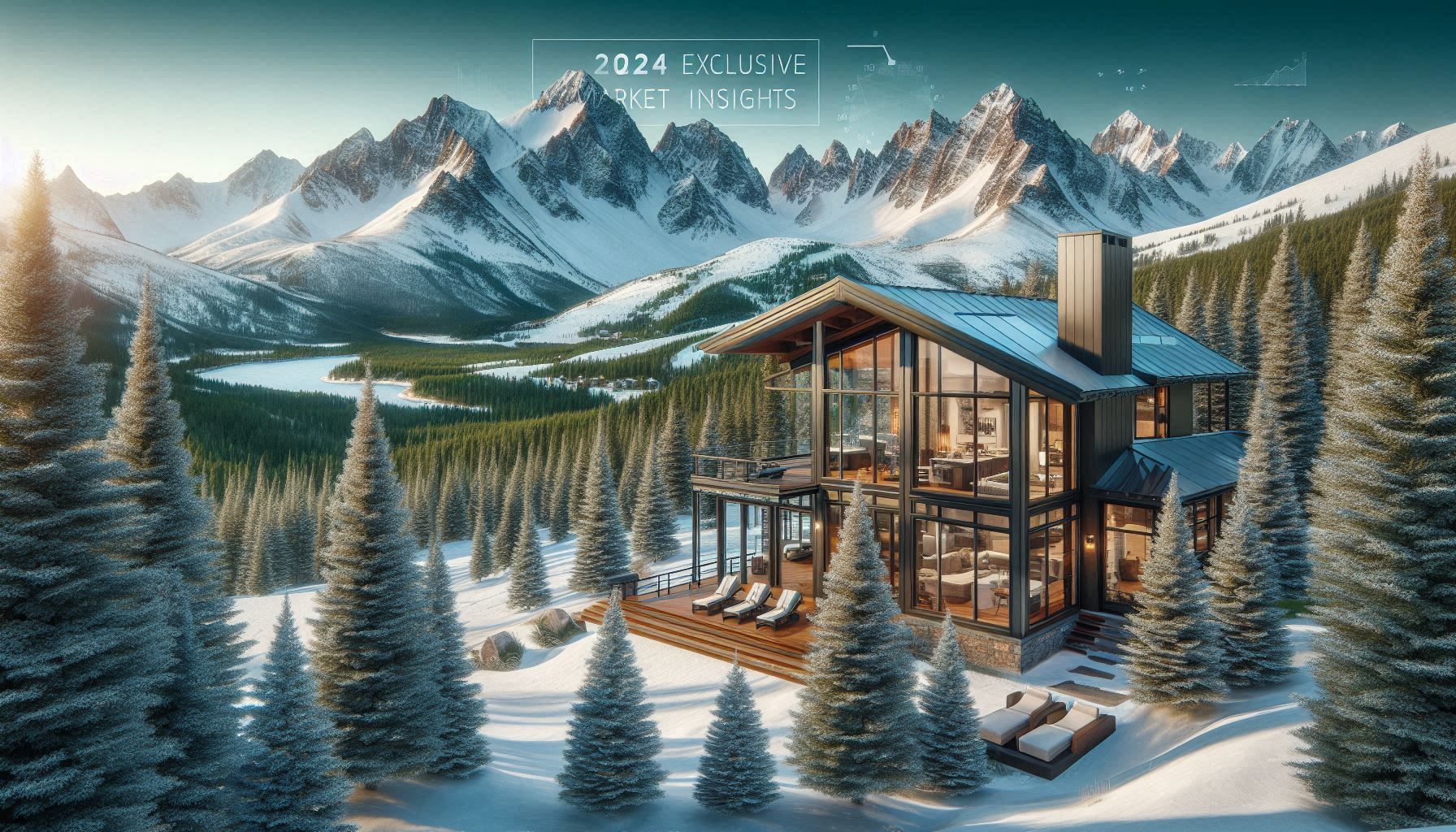 A large house in the middle of a snowy forest with mountains in the background.