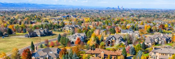 Suburban neighborhood with autumn trees under a clear blue sky, city skyline in the distance