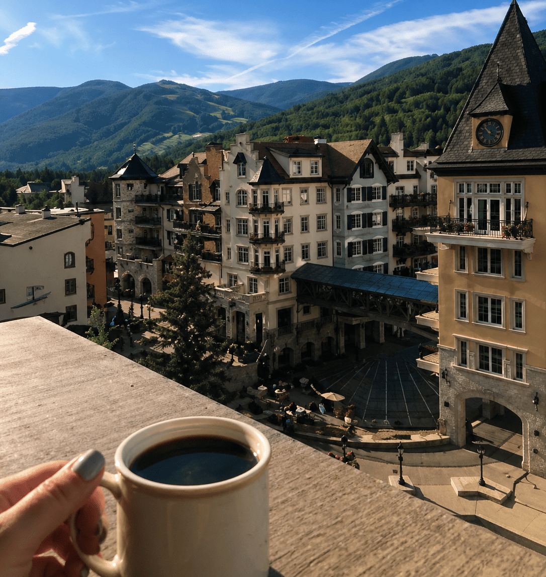Hand holding a coffee cup overlooking a sunny alpine town with mountains and blue sky