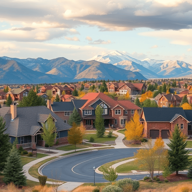 A residential neighborhood in Colorado with mountains in the background