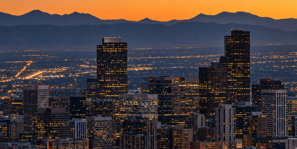City skyline at dusk with illuminated high-rise buildings and orange twilight sky over distant mountains