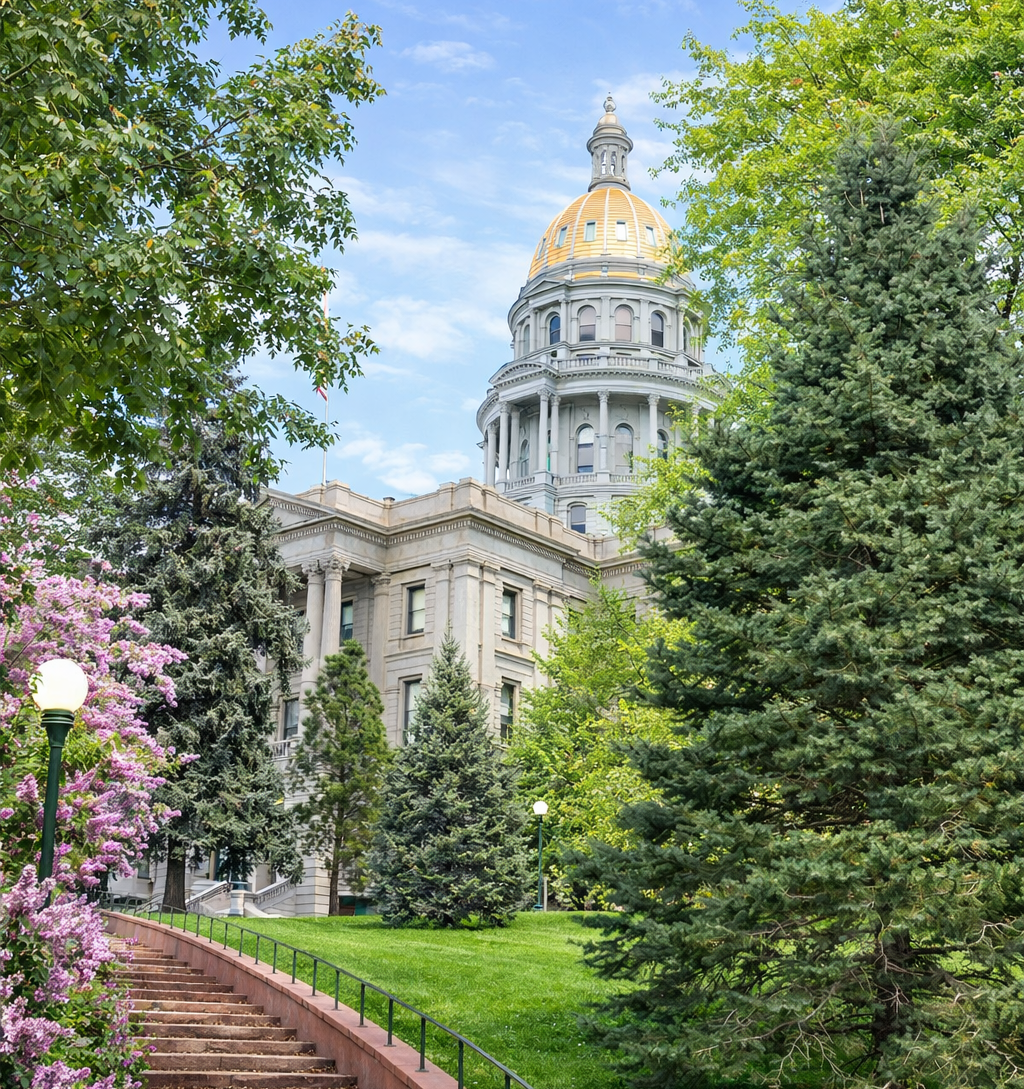 The Colorado State Capitol building with its gold-leaf dome, viewed from a park path framed by trees and a stone staircase. The Colorado State Capitol building with its gold-leaf dome, viewed from a park path framed by trees and a stone staircase.