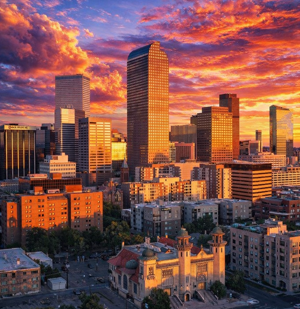 A golden sunset glows over a dense Denver, CO city skyline with high-rise buildings and a historic church in the foreground. A golden sunset glows over a dense Denver, CO city skyline with high-rise buildings and a historic church in the foreground.