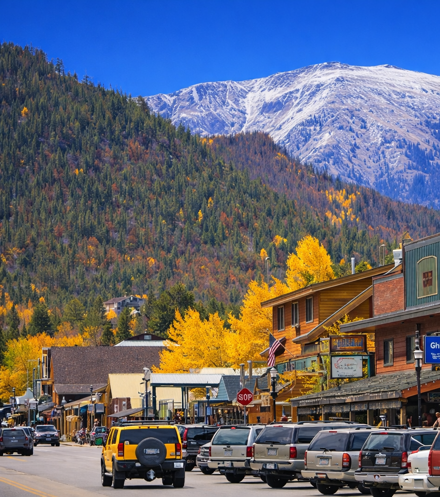Grand Lake, CO mountains and city Grand Lake, CO mountains and city