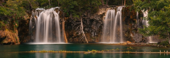 Wide waterfall cascading into a green pool beside a rocky, forested cliff