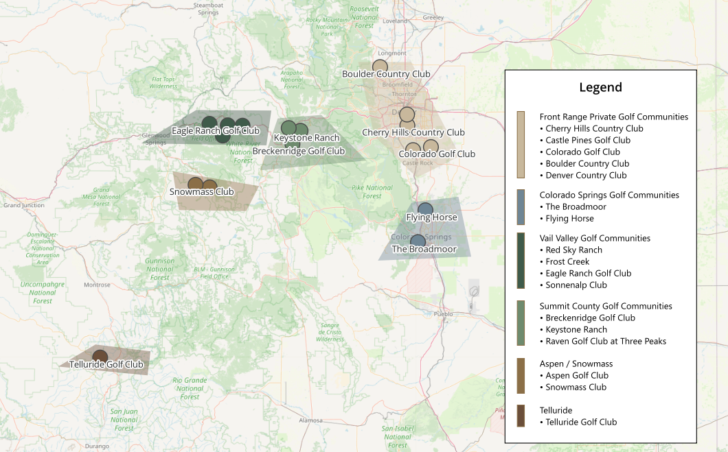 Map of Colorado Golf Community Regions with multiple marked locations and a legend panel on the right.