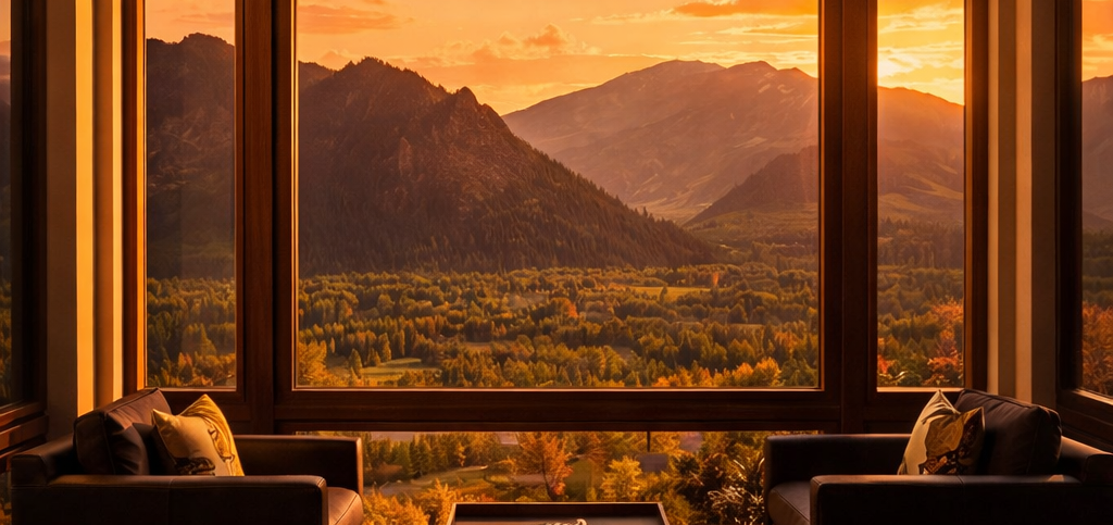 Two armchairs face a large window overlooking a vast forest and mountain range at sunset, bathed in a warm orange glow.