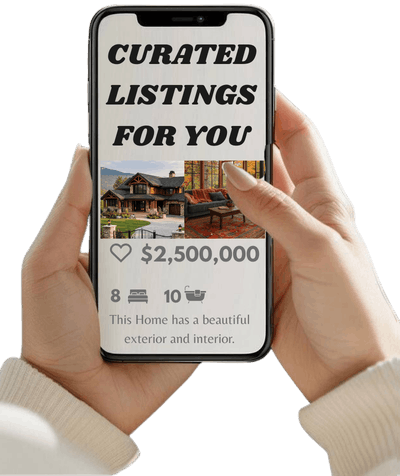 Hands holding a smartphone displaying a real estate app showing a luxury home listing priced at $2,500,000.