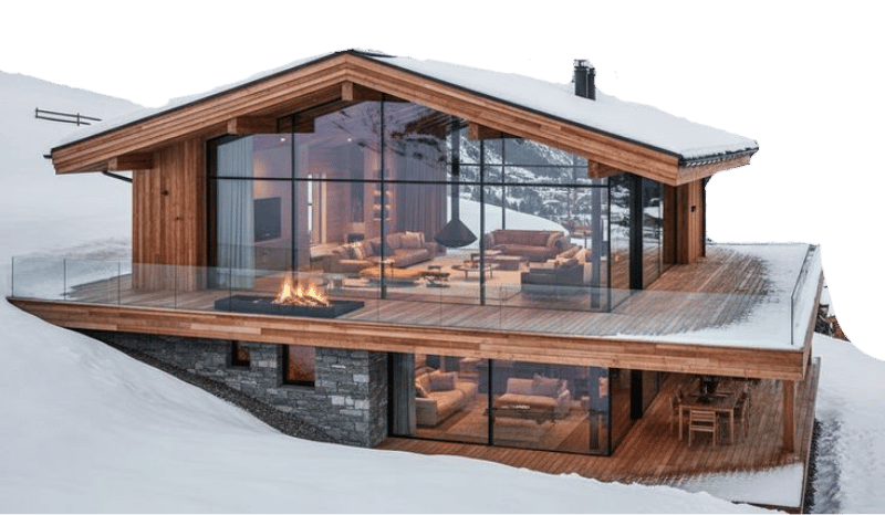 Modern two-story alpine cabin with large glass walls, wooden siding, and stone foundation, set in a snowy mountain landscape.