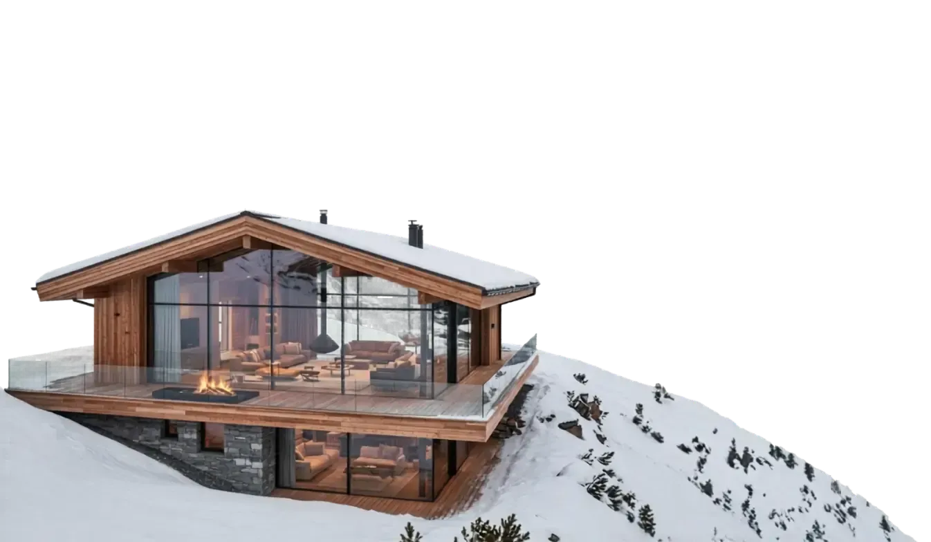A modern, two-story wooden chalet with floor-to-ceiling glass walls, situated on a snow-covered mountain slope.