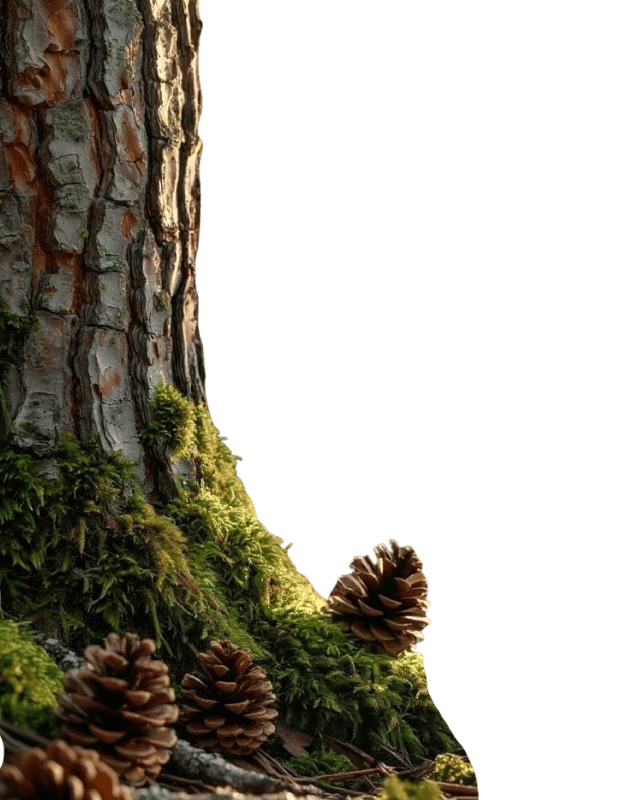 A close-up of a tree trunk with textured bark, surrounded by green moss and fallen pinecones against a white background.