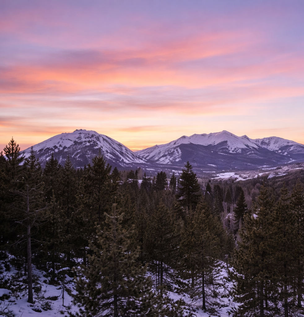 Silverthorne, CO Mountains at sunset Snow-covered mountains rise behind a dense evergreen forest under a vibrant pink and orange sunset sky.