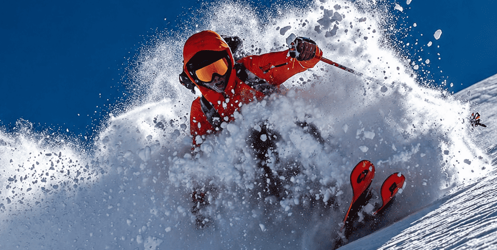 Skier in red jacket carving through deep powder snow, spraying snow in bright mountain light