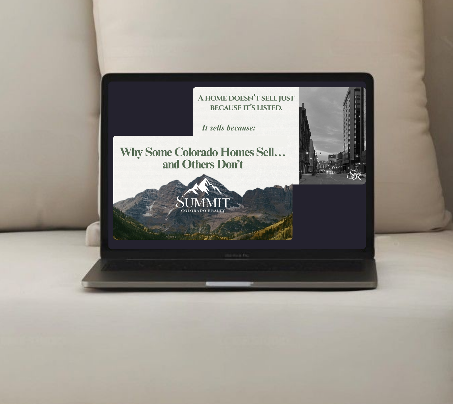 A laptop on a couch displays a presentation slide about Colorado mining, featuring a PDF icon and navigation arrows.