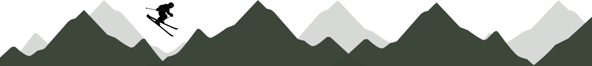 A skier jumps in front of a layered, dark and light gray mountain silhouette on a white background.