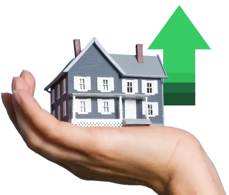 Breckenridge Home Price increase with home model in hand and green arrow in background