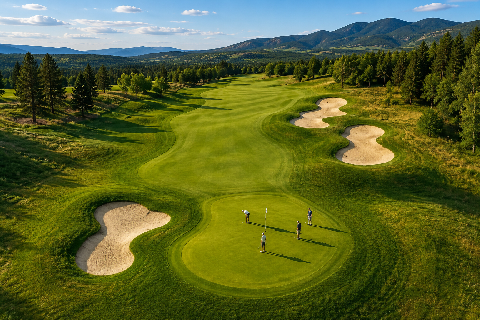 Golf course green with sand bunkers, golfers, and forested mountains under a blue sky